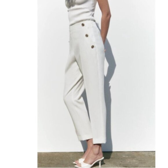 Zara Womans Trousers Pants Size XXL White Gold Button Straight Leg  9929/020 NWT - Picture 1 of 8